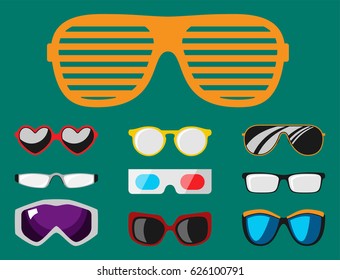 Fashion set sunglasses accessory sun spectacles plastic frame modern eyeglasses vector illustration.