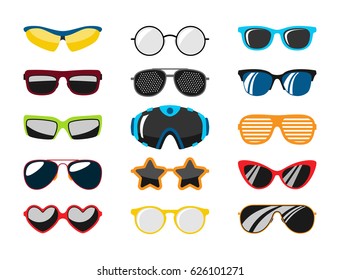 Fashion set sunglasses accessory sun spectacles plastic frame modern eyeglasses vector illustration.