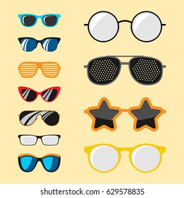 Fashion set sunglasses accessory sun spectacles plastic frame modern eyeglasses vector illustration.