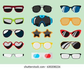 Fashion set sunglasses accessory sun spectacles plastic frame modern eyeglasses vector illustration.