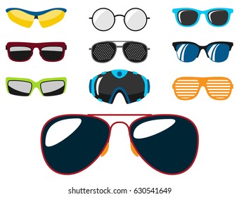 Fashion set sunglasses accessory sun spectacles plastic frame modern eyeglasses vector illustration.