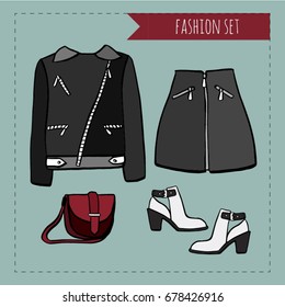 fashion set vector hand drawn illustration leather 