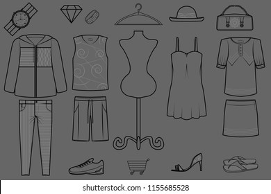 fashion set vector illustration line style for shopping concept product category template and icon isolated on dark grey background