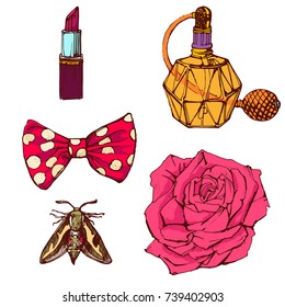 fashion, set of vector illustrations , perfume, bow, lipstick,butterfly , hand drawing