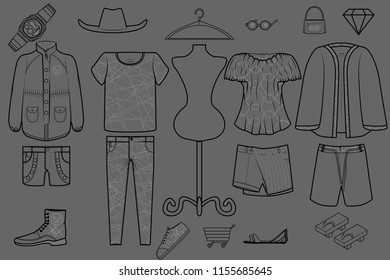 fashion set vector line style illustration for shopping concept and product category template and icon isolated on dark grey background
