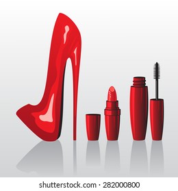 Fashion set in vector. Red shoes , Red lipstick and mascara.