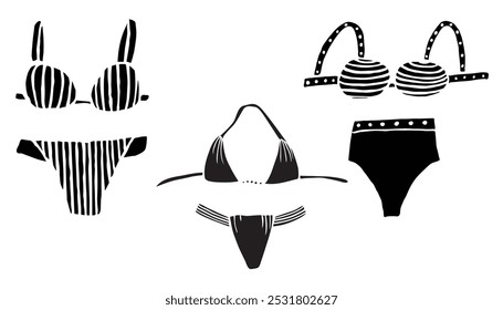 Conjunto de moda. Mulher bodysuit, biquíni clipart. Silhuetas pretas sobre fundo branco.