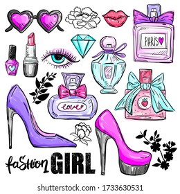 Fashion Set for woman with perfume, lipstick, nail polish, shoes, lips and other elements. Girl abstract collection hand drawing style