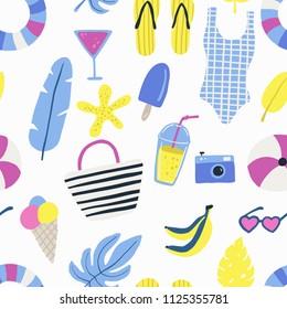 Fashion set of woman's summer clothes and accessories. Summer style.  Hand drawing doodles . Vacation design vector illustration.