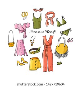 Fashion set of woman's summer clothes and accessories. Summer style.