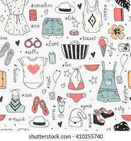 Fashion set of woman's summer clothes and accessories. Summer style.  Hand drawing doodles . Vacation design vector illustration.