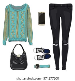 Fashion set of women's clothing and accessories
