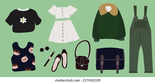 Fashion sets outfits with casual clothes, bags and accessories for woman. Modern looks with dresses and pants from female wardrobe. Flat vector illustration isolated.