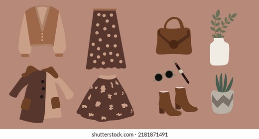 Fashion sets outfits with casual clothes, bags and accessories for woman. Modern looks with dresses and pants from female wardrobe. Flat vector illustration isolated.