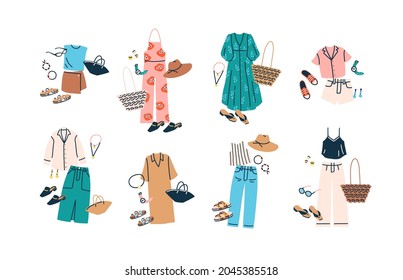 Fashion sets of summer outfits with casual clothes, bags and accessories for woman. Modern looks with dresses and pants from female wardrobe. Flat vector illustration isolated on white background