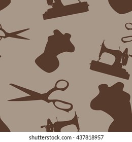 Fashion. Sewing accessories. The pattern sewing machine, dummy, fabric scissors, package cover. Vector illustration