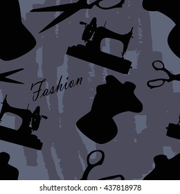 Fashion. Sewing accessories. The pattern sewing machine, dummy, fabric scissors, package cover. Vector illustration