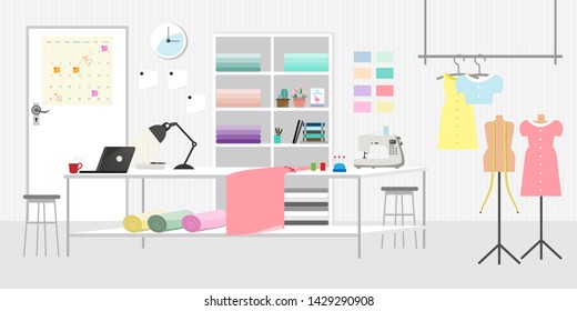 Fashion or sewing studio room horizontal banner. Tailor shop concept. Flat icon design vector Illustration.