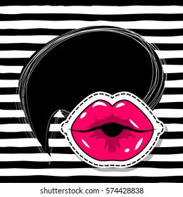 Fashion sexy lips empty comic text cloud speech bubble. Lips kiss patch badges, pins on line striped background. Vector illustration. Cartoon blank backdrop 80s-90s comic style balloon.