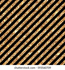 Fashion shiny seamless pattern with black and gold glitter diagonal stripes. Backdrop with glittering yellow metal lines. Retro or vintage vector background for Christmas, wedding, birthday gift card