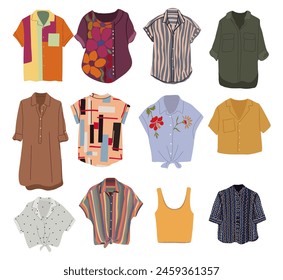 Fashion shirts, tops, blouses set. Modern womens apparel, clothes, casual garments. Flat vector illustrations isolated on white background.