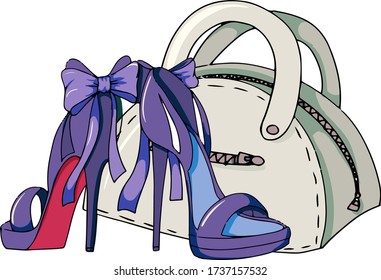 fashion shoes and bag color and line doodles, vector illustration isolated for white background