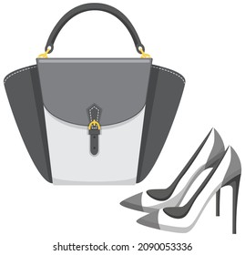 Fashion shoes and bag isolated on white. Stylish elements of womens wardrobe in casual style high heel shoes and handbag, footwear and pouch, female accessories fashionable trendy collection