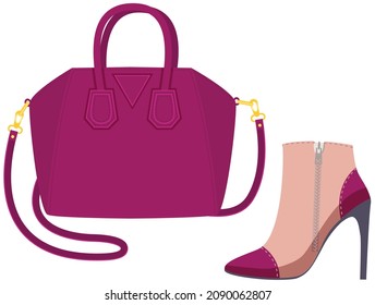 Fashion shoes and bag isolated on white. Stylish elements of women's wardrobe in casual style beige heeled boots and pink handbag, footwear and pouch, female accessories fashionable trendy collection