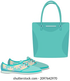 Fashion shoes and bag isolated on white. Stylish elements of womens wardrobe gumshoes in casual youth style boots and handbag, footwear and pouch, female accessories fashionable trendy collection