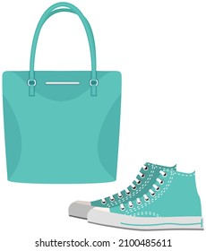 Fashion shoes and bag isolated on white. Stylish elements of womens wardrobe in casual youth style green boots and handbag, footwear and pouch, female accessories fashionable trendy collection