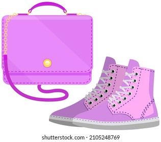 Fashion shoes and bag isolated on white. Stylish elements of womens wardrobe in casual youth style pink boots and handbag, footwear and pouch, female accessories fashionable trendy collection