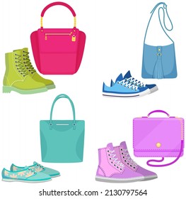 Fashion shoes and bags isolated on white. Stylish elements of women's wardrobe in casual youth style color matched pairs of handbags and footwear, female accessories fashionable trendy collection