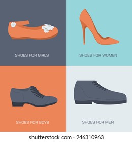 fashion shoes for family on flat style. Vector illustration concept banners. Template for website and mobile appliance