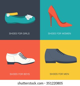 fashion shoes for family on flat style. Vector illustration concept banners. Template for website and mobile appliance