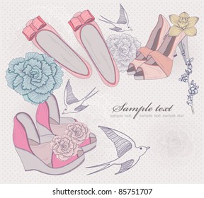 Fashion shoes illustration. Background with fashionable shoes, flowers and birds. Invitation or birthday card.