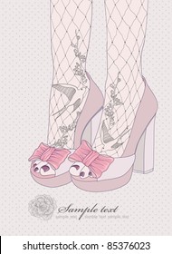 Fashion shoes illustration.Background with high heels shoes. Tights with birds and flowers ornament lace. Invitation or birthday card.