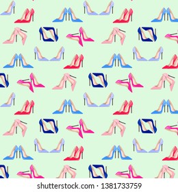 Fashion shoes seamless pattern. Hight-heels blue, red, pink and beige shoes on a green background