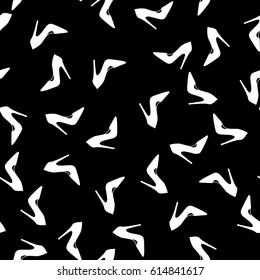 Fashion shoes seamless pattern. White heels on black background.