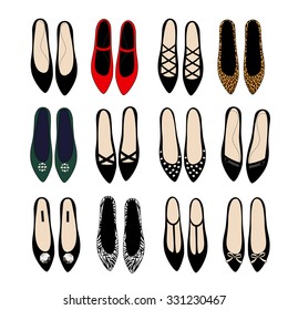 Fashion shoes set illustration.  Varied fashion shoes design collection. Stylish vector illustration. Trendy fashion shoes. Set of 12 pairs of shoes. Choose your favorite.
