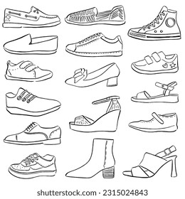 Colección de zapatillas de moda. Zapatillas deportivas modernas ropa deportiva de moda para hombres mujeres y diseños de calzado para niños. Ilustración vectorial plana aislada en fondo blanco.  Icono de vector de zapatos dibujado a mano