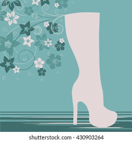 Fashion shoes vector. Women boots background. Spring flowers and swirls design.
