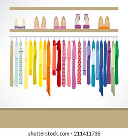 Fashion shop background with clothing on hangers, shirts, dresses and shoes