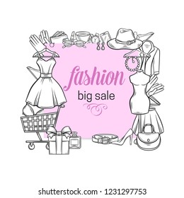 Fashion shop banner. Hand drawn dress, lipstick, perfume, cart, shoe, clothing, purse, gift, hat watches and glasses. Vector Illustration