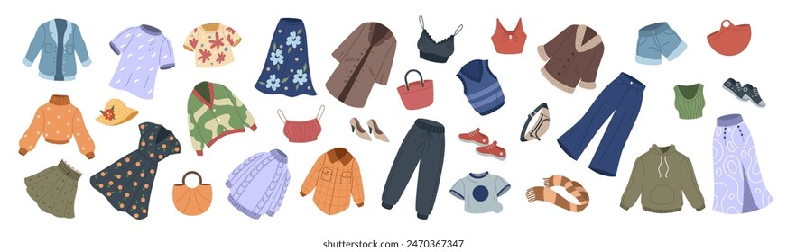 Fashion shop. Charity sale. Clothing store. Garment swap. Woman boutique. Secondhand market. Choose dresses and jeans. Female wardrobe. Accessories or apparel exchange. Girls outfit. Vector tidy set