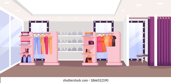 Fashion shop with clothes interior design background. Fitting room, apparel on hangers on display, shoes and bags on shelves. Modern boutique panorama vector illustration.