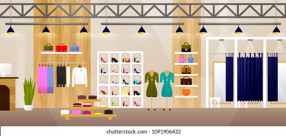 Fashion Shop. Interior Clothes Store. Banner With Copy Space. Flat. Vector illustration