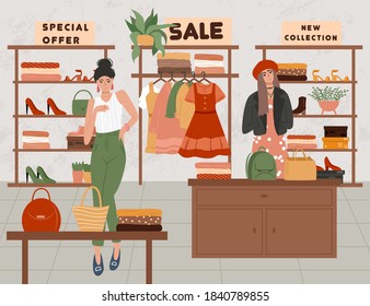 Interior de tienda de moda con personajes femeninos vectorial ilustración de dibujos animados planos. Armario con ropa y accesorios. Mujer de compras en una tienda-boutique. Sala de exposición al por menor.