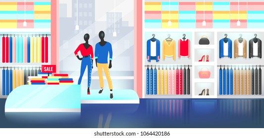 Fashion Shop Interior Illustration. Clothes Store Image, For Banner or Advertisement With New Collection, Dummies, and Big Window