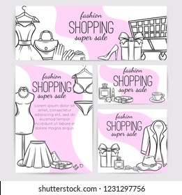 Fashion shop layout design. Hand drawn dress, lipstick, perfume, cart, shoe, clothing, purse, gift, hat, watches and glasses. Vector Illustration