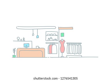 fashion shop modern boutique female clothes shopping mall interior empty market sketch doodle horizontal